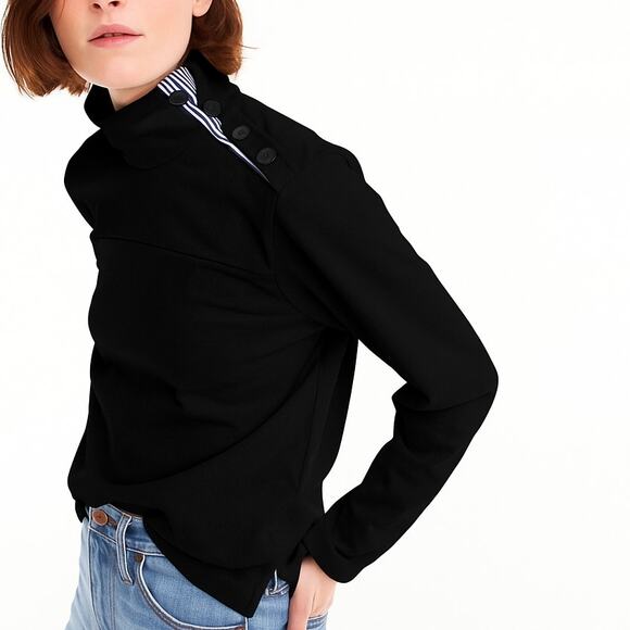 J. Crew Tops - J. Crew Button Shoulder Turtleneck Sweatshirt Black Cotton Long Sleeve Preppy XS